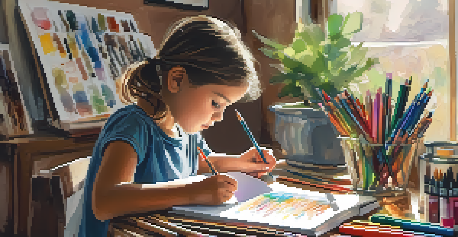 A child engaged in art journaling indoors, surrounded by various art supplies and a warm atmosphere.