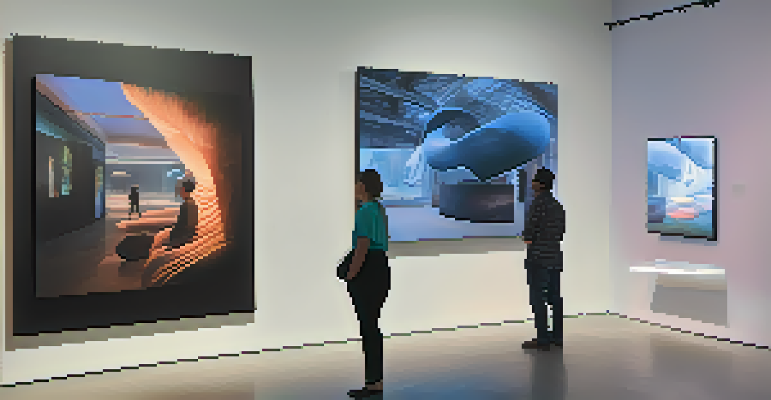 An art installation featuring sculptures and digital screens with augmented reality animations, engaging viewers in a modern gallery setting.