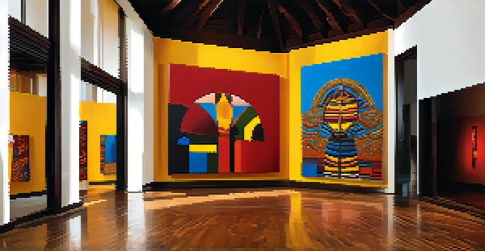 A lively modern art gallery displaying a large canvas that blends African patterns with contemporary styles, illuminated by natural light.