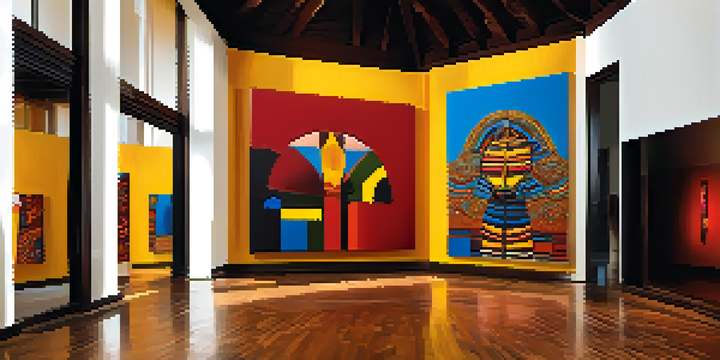 A lively modern art gallery displaying a large canvas that blends African patterns with contemporary styles, illuminated by natural light.