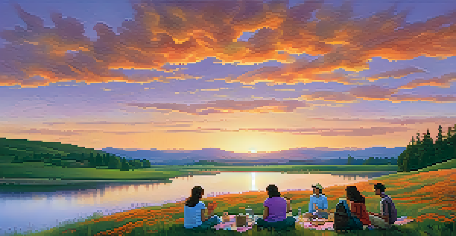 A picturesque sunset over rolling hills and wildflowers, with a lake and people having a picnic in the foreground.