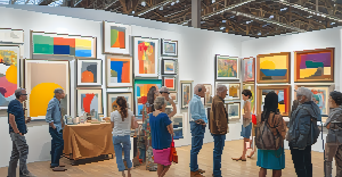 A lively art fair featuring diverse collectors engaging with contemporary artworks in a well-lit setting.