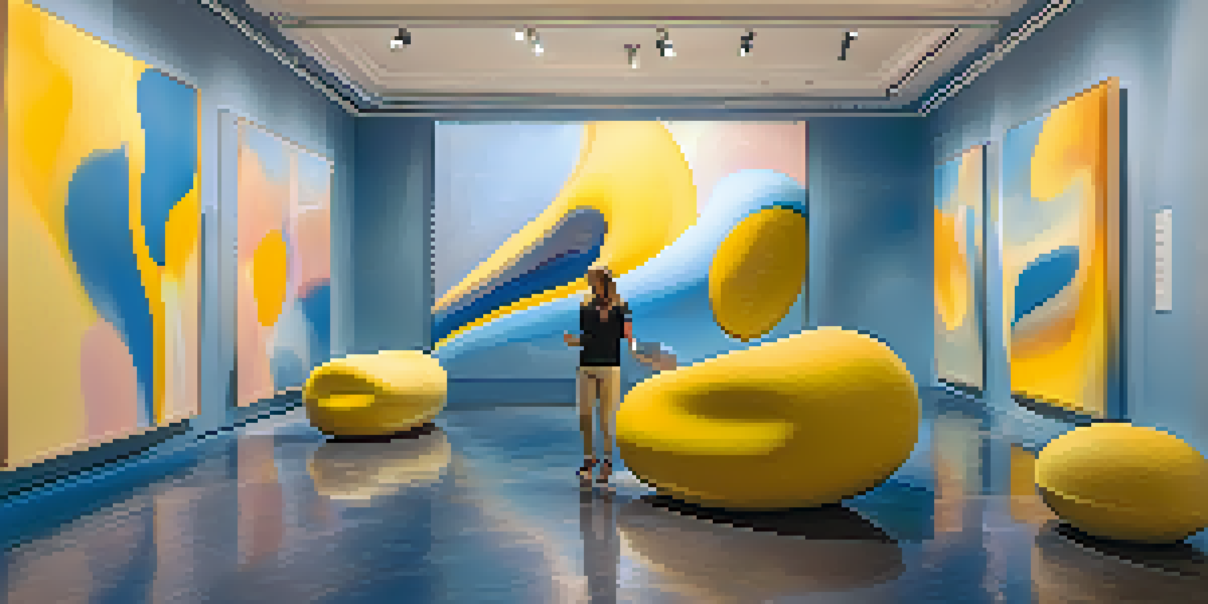 A virtual reality art gallery with colorful 3D paintings and sculptures, where viewers interact with the immersive art in a softly lit environment.