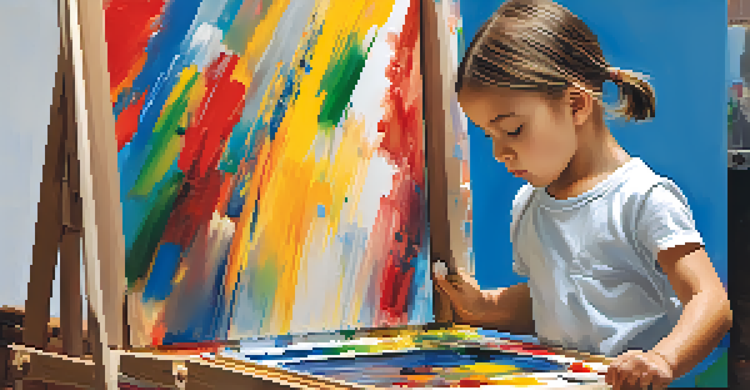 A young child concentrating on painting at an easel, with an abstract colorful design on the canvas and paint supplies in the foreground.