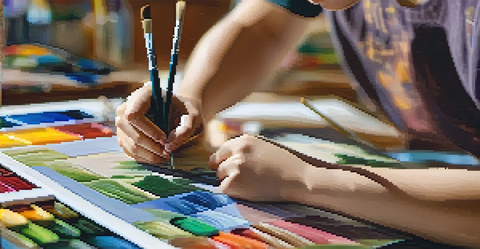 A close-up of a student's hands painting a vibrant landscape on a canvas, showcasing the creative process.