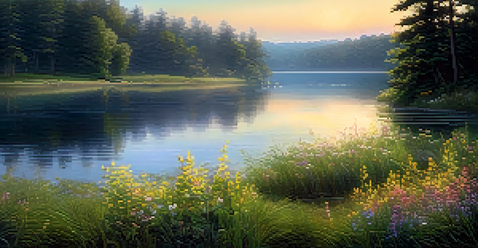 A peaceful lake surrounded by green trees and wildflowers, illuminated by the golden light of sunset, with mist rising from the water.
