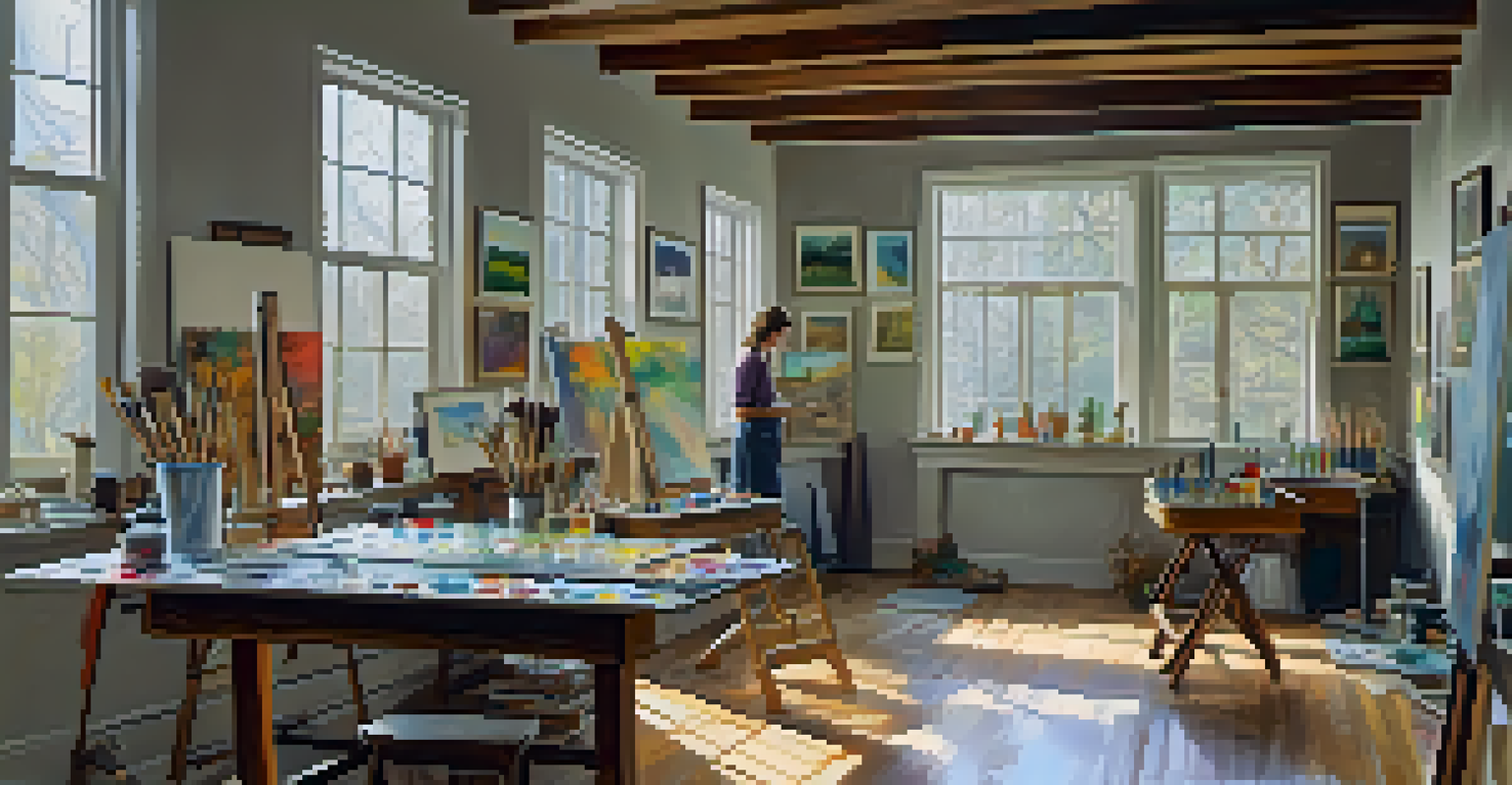 An artist working on a painting in a bright studio filled with canvases and art supplies.