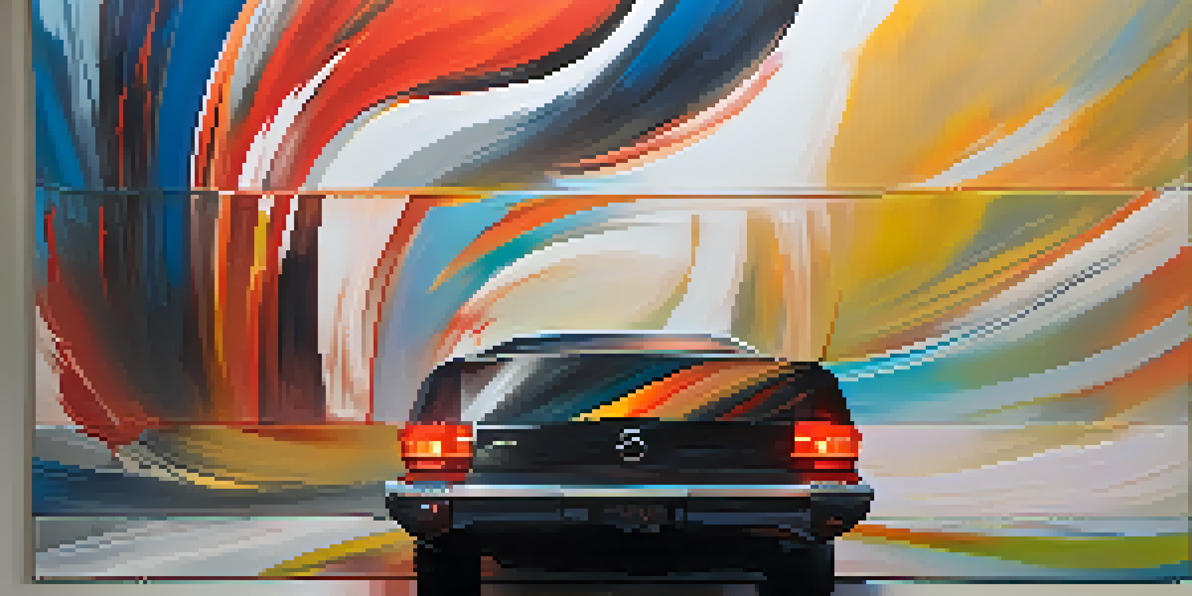 A large, colorful painting blending Asian and Western art styles with swirling colors and dynamic forms.