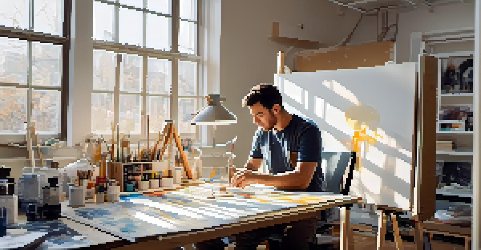 An artist operating a 3D printer in a sunny studio, surrounded by sketches and materials.