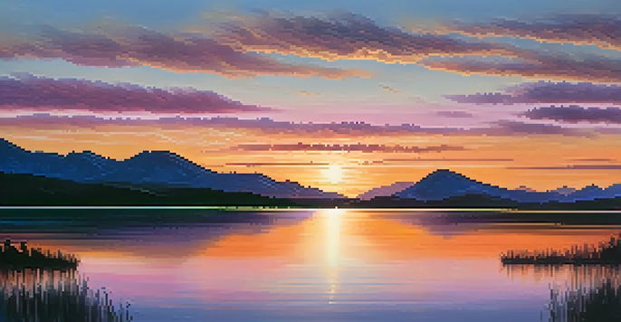 A beautiful sunset over a calm lake with orange, pink, and gold reflections, surrounded by mountains and textured water.