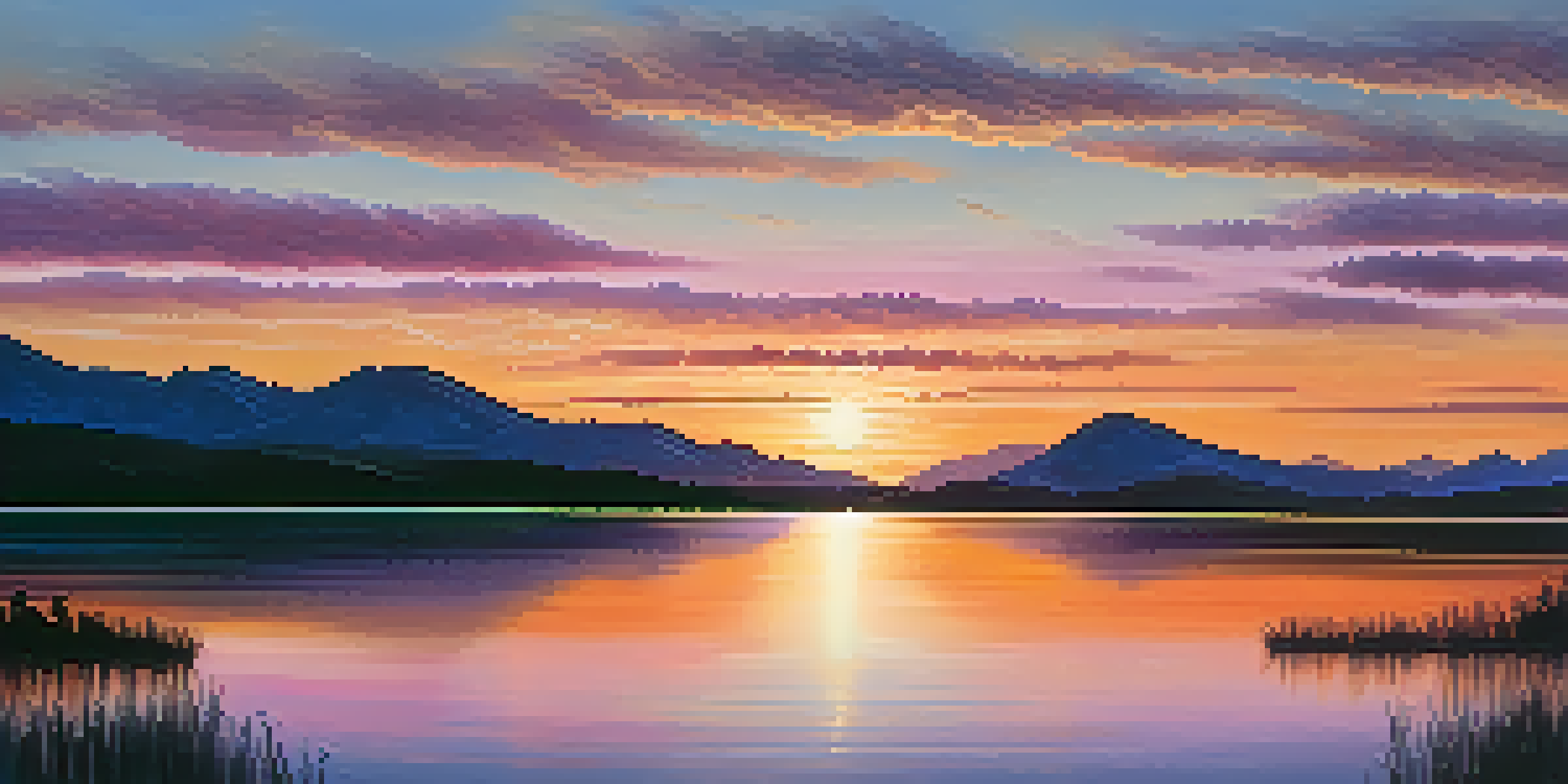 A beautiful sunset over a calm lake with orange, pink, and gold reflections, surrounded by mountains and textured water.