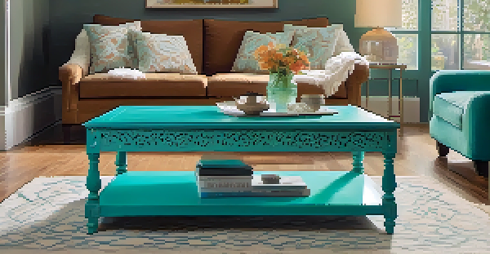 A vintage coffee table painted in turquoise with white floral patterns, set in a cozy living room with natural light.