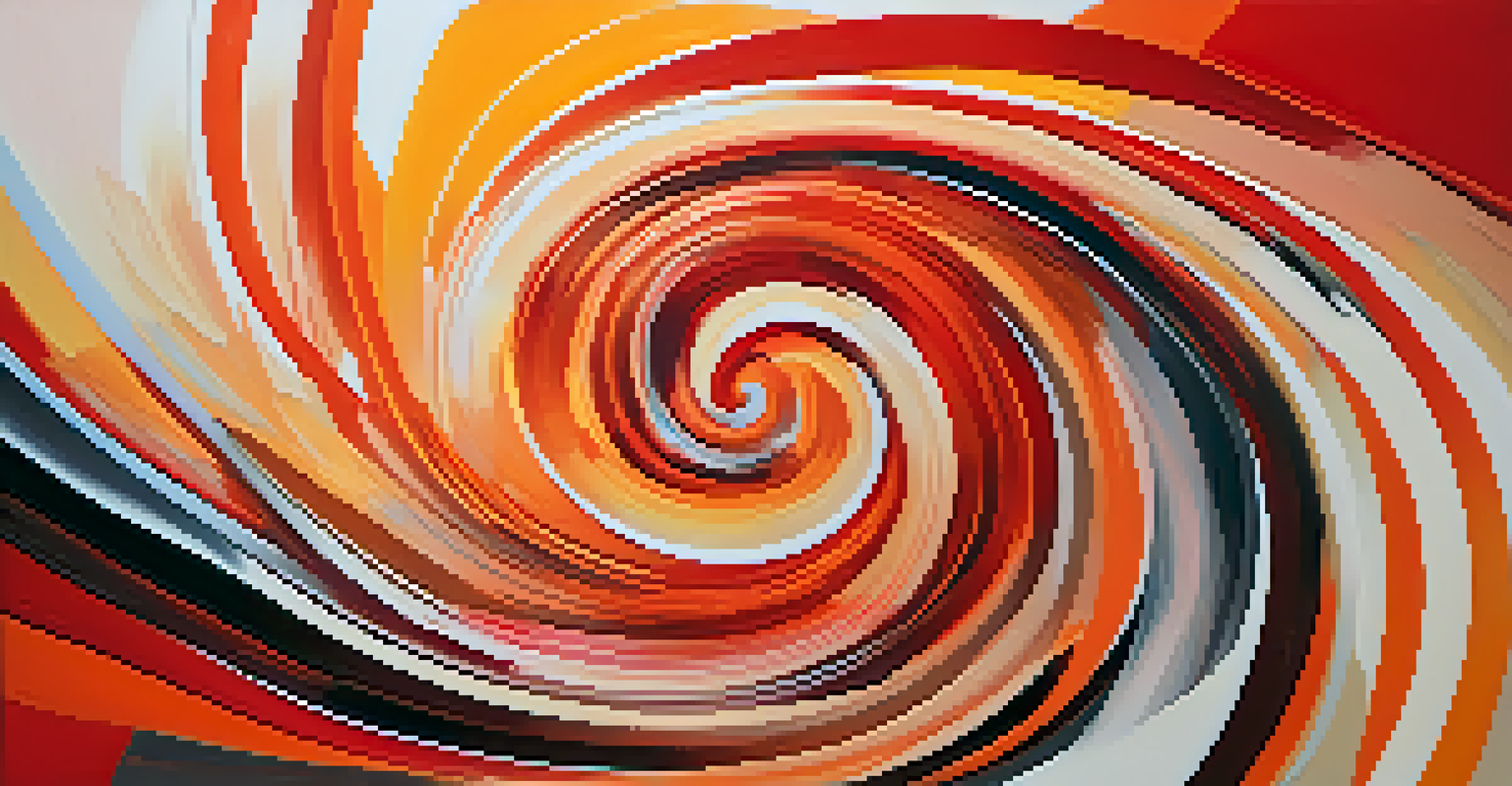 An abstract artwork with bright red and orange swirls, conveying energy and emotion.