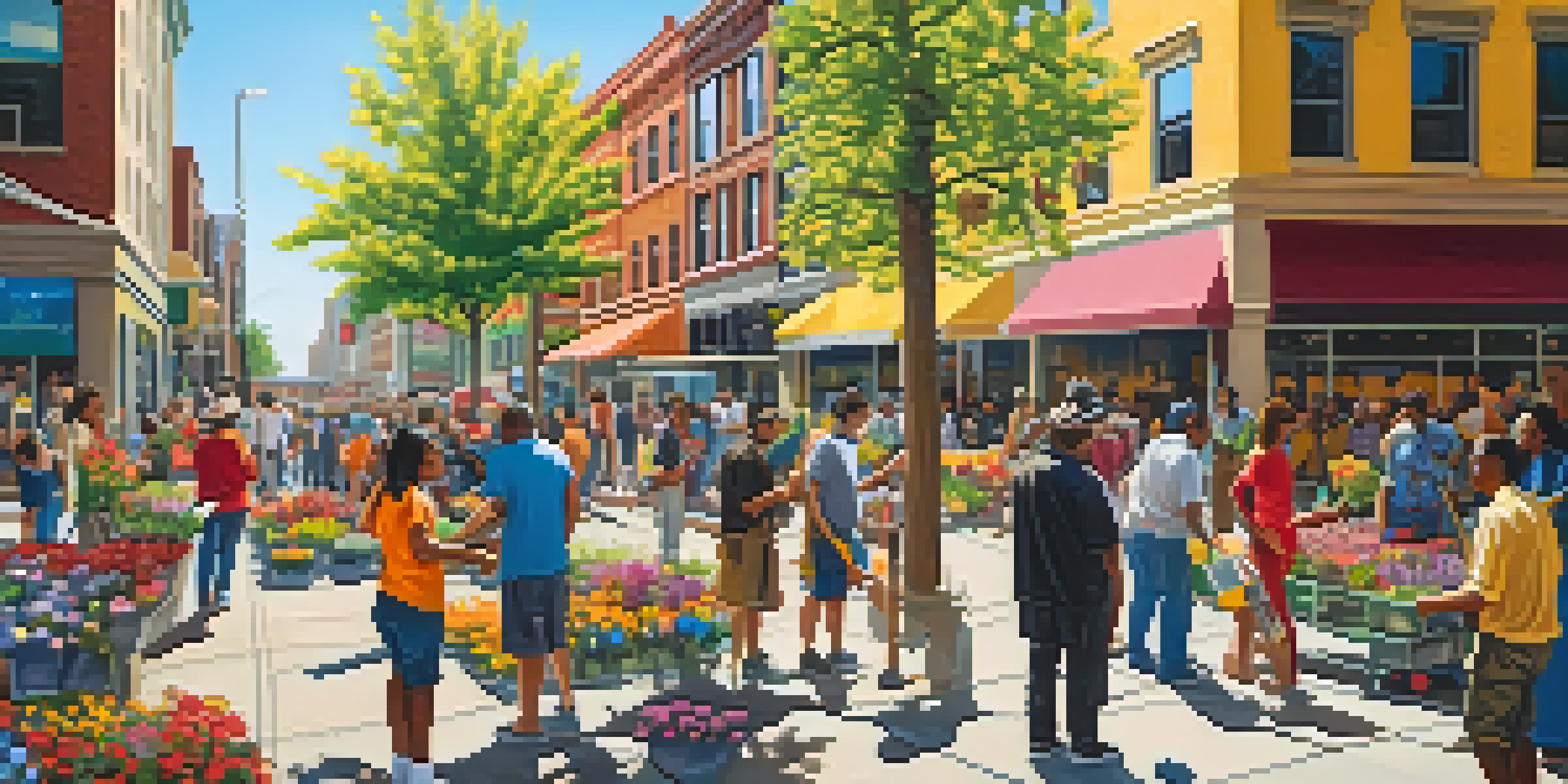 A colorful mural showing a community engaging in art and gardening activities in a city setting.