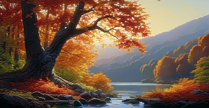 A peaceful river flowing through an autumn forest with a majestic oak tree in the foreground, illuminated by golden sunlight.