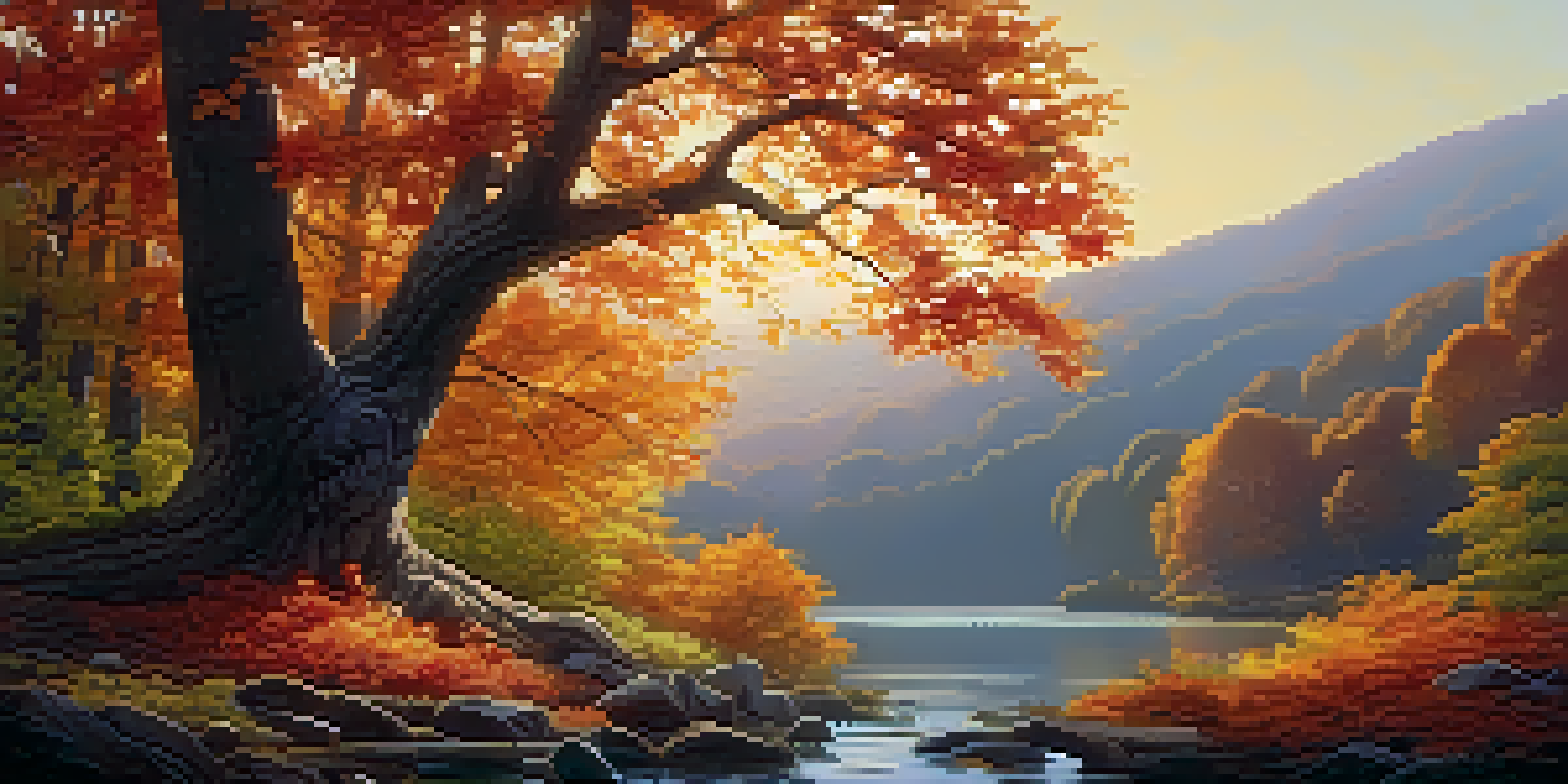 A peaceful river flowing through an autumn forest with a majestic oak tree in the foreground, illuminated by golden sunlight.