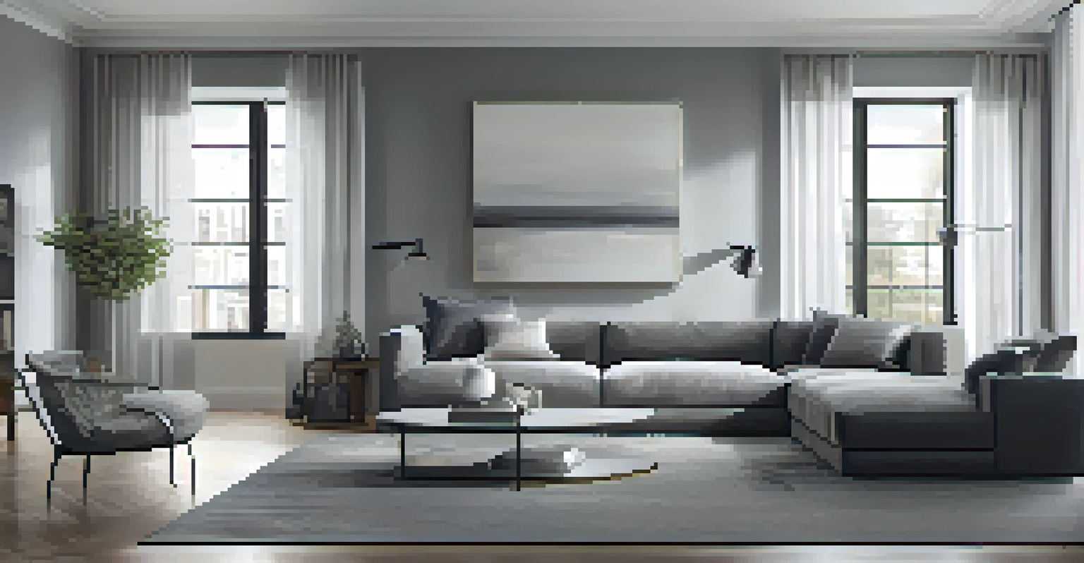 A minimalist room designed with different shades of gray, including a gray sofa and rug, illuminated by natural light from large windows.