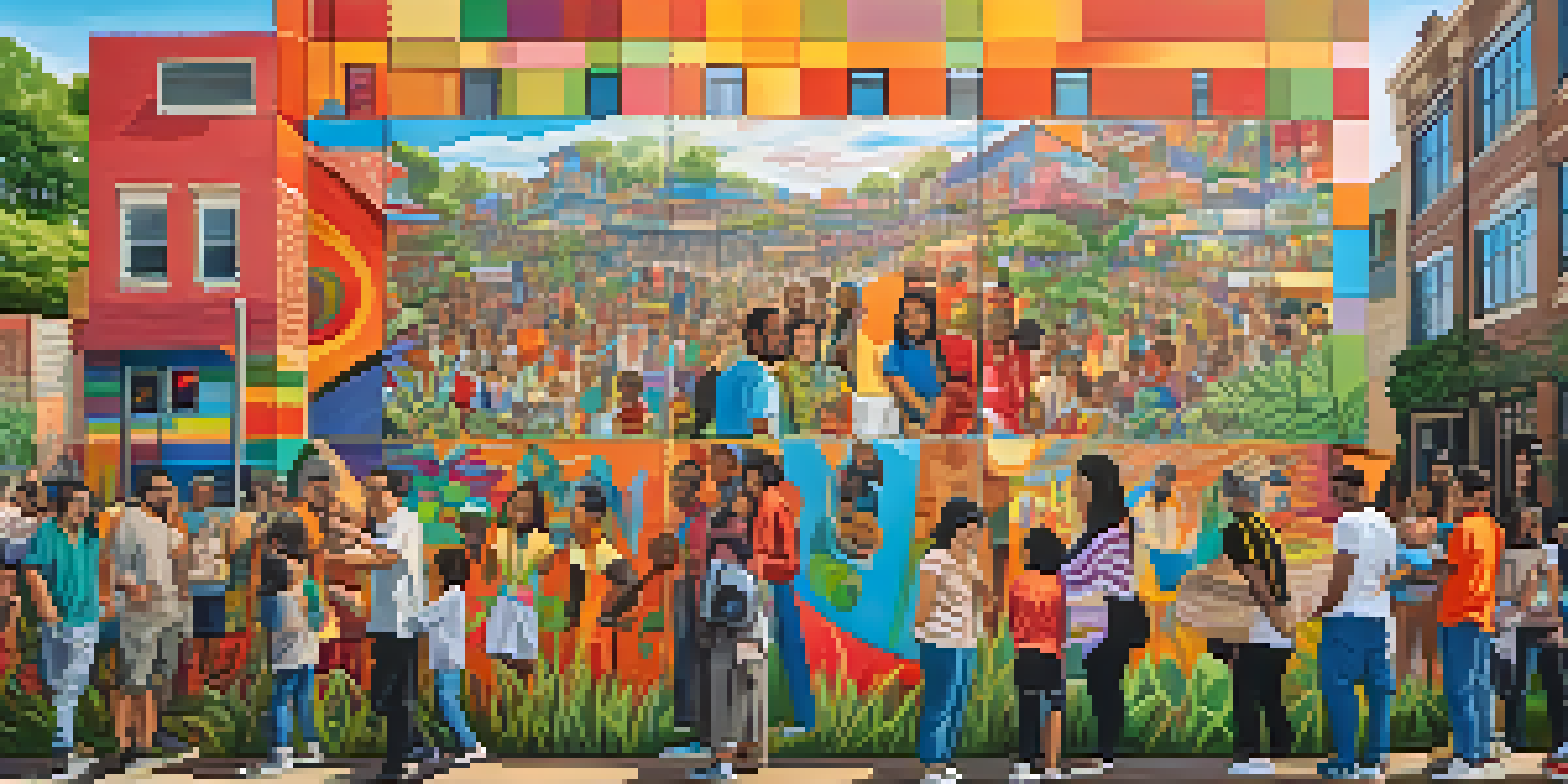A community mural with diverse individuals painting personal stories on a wall, showcasing various colors and cultures.