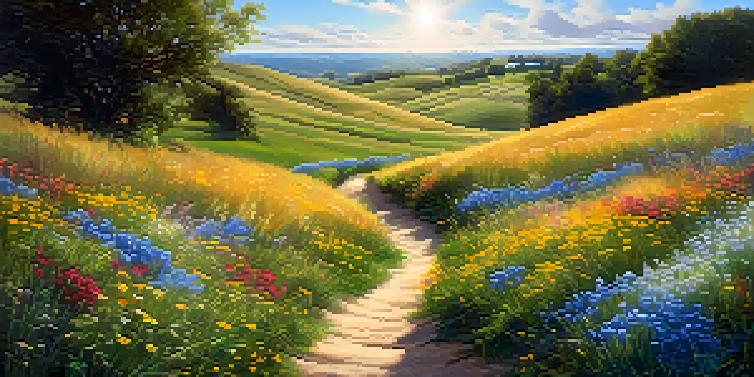 A peaceful landscape with rolling hills, a winding dirt path, and colorful wildflowers under a clear blue sky.