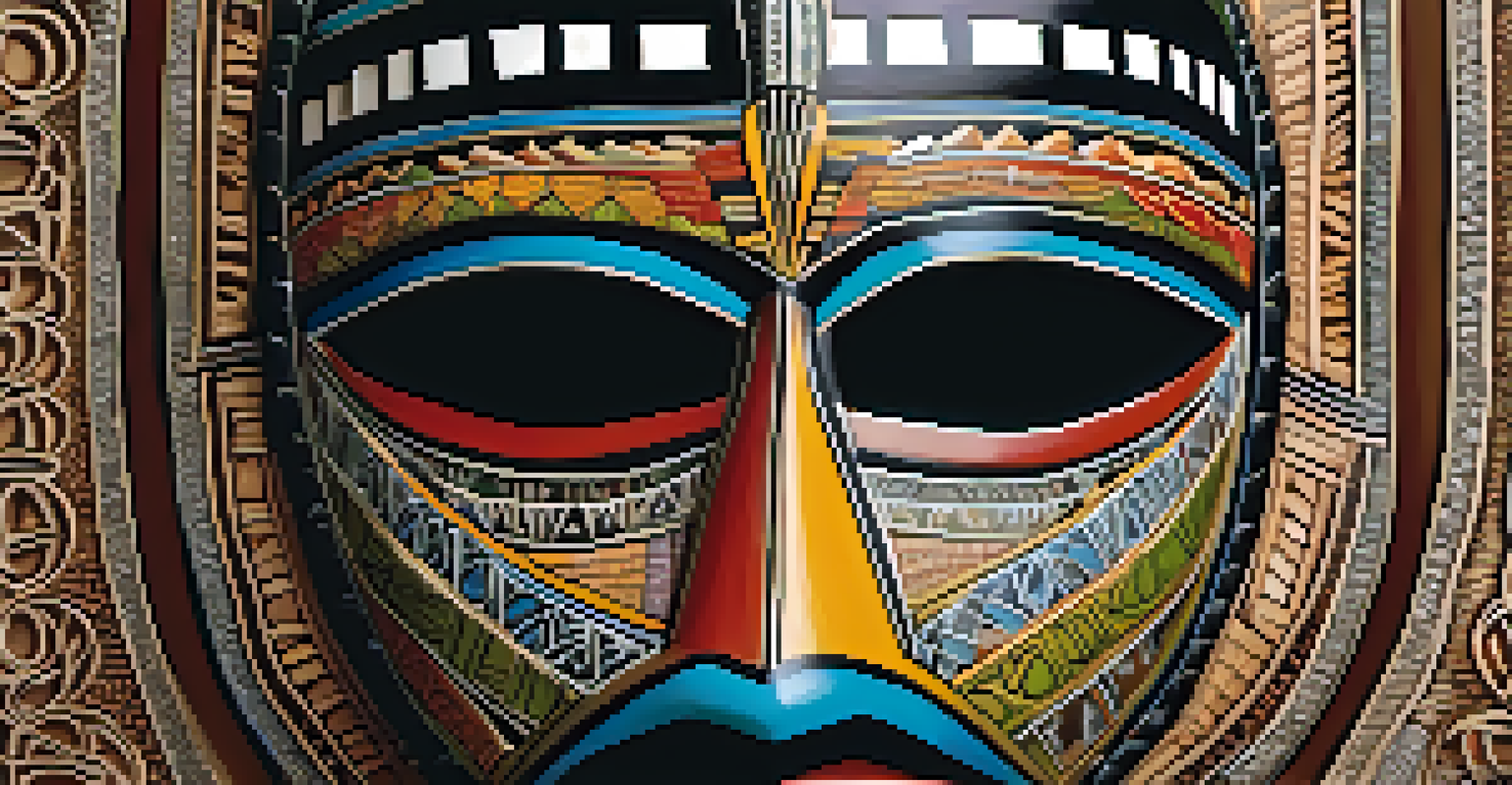 A close-up view of an intricately carved African mask, highlighting detailed patterns and vibrant colors against a neutral background.