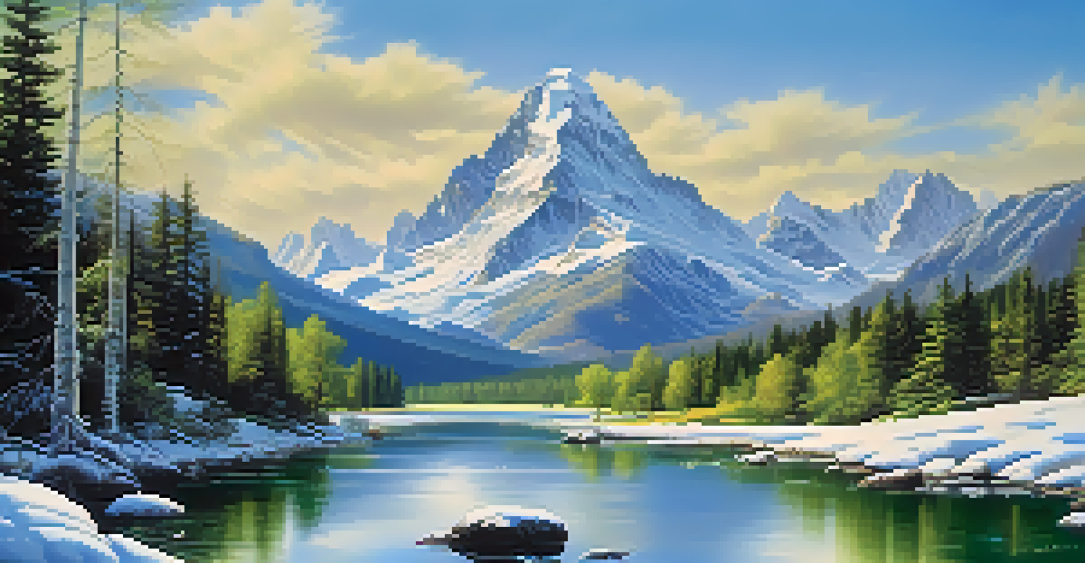 Snow-covered mountains tower over a green valley with a winding river, under a bright blue sky.