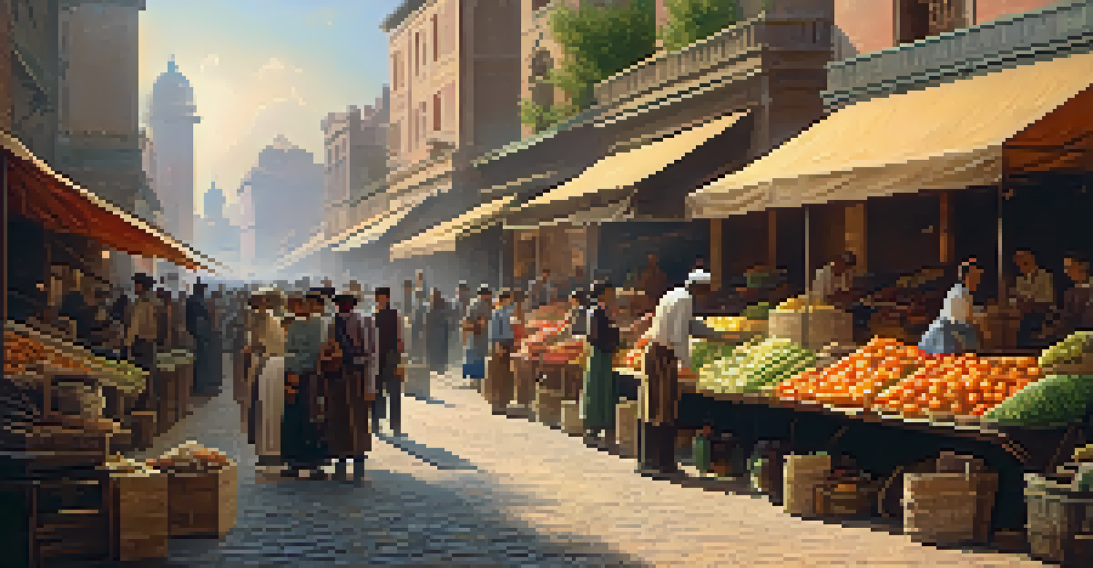 A lively street market scene with vendors and people interacting, showcasing colorful fruits and vegetables under warm sunlight.