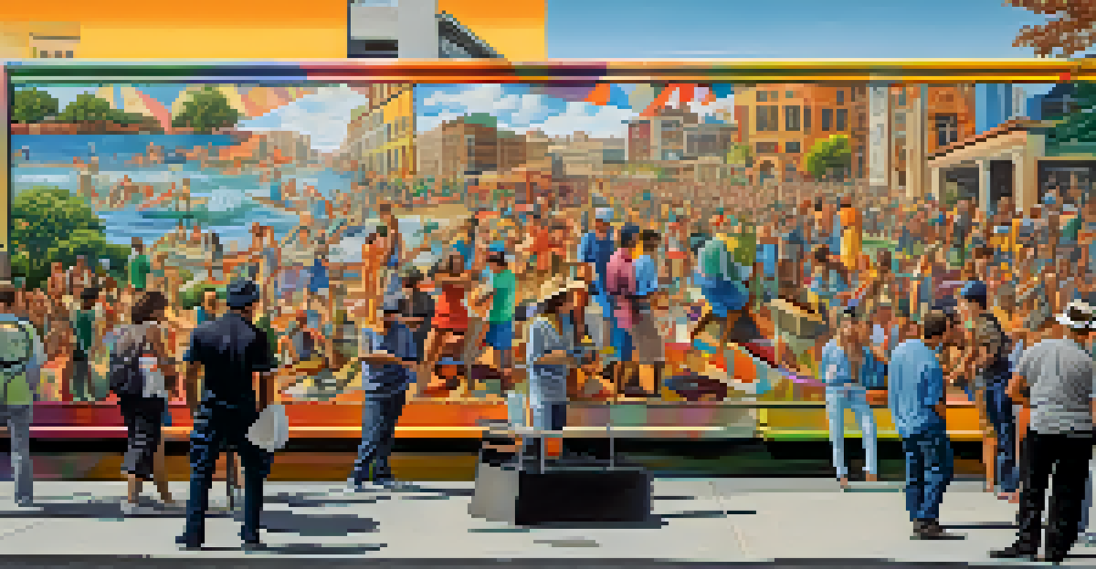 Artists collaborating on a large mural in a public space, surrounded by an engaged audience and urban landscape.