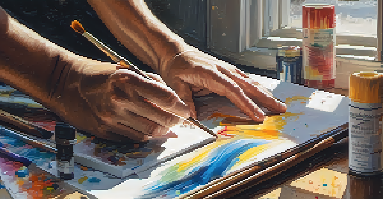 An artist's hands painting on a canvas with colorful paints and brushes around.