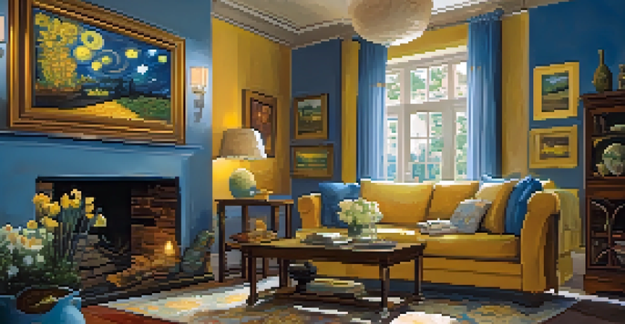 A cozy living room with art reproductions of famous paintings on the walls, featuring warm lighting and a comfortable sofa.