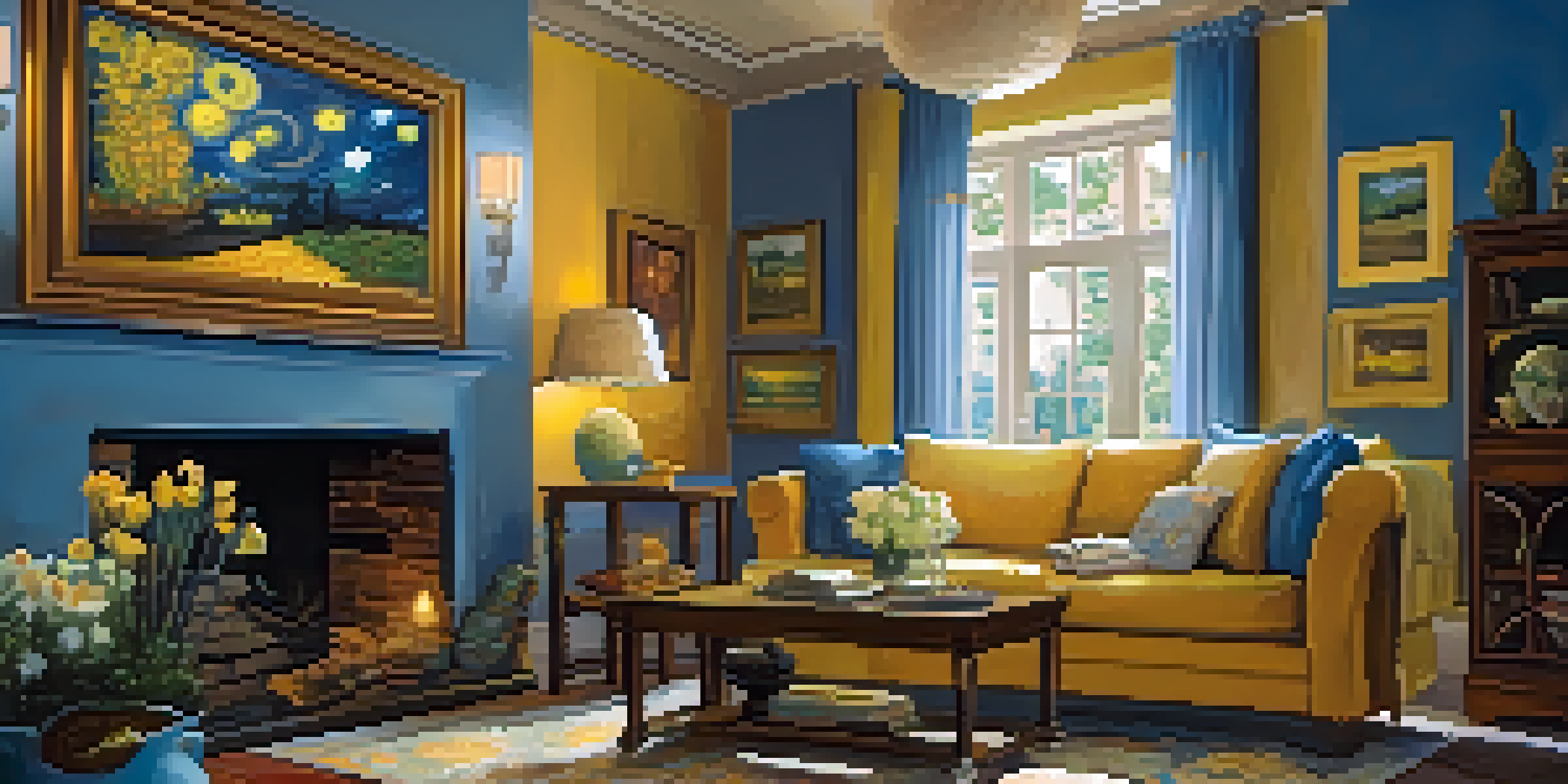 A cozy living room with art reproductions of famous paintings on the walls, featuring warm lighting and a comfortable sofa.