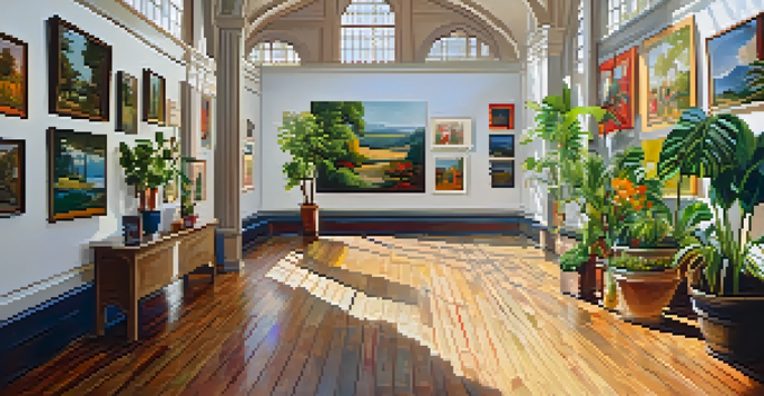 A warm and inviting local art gallery showcasing colorful paintings and engaged visitors, illuminated by natural light.