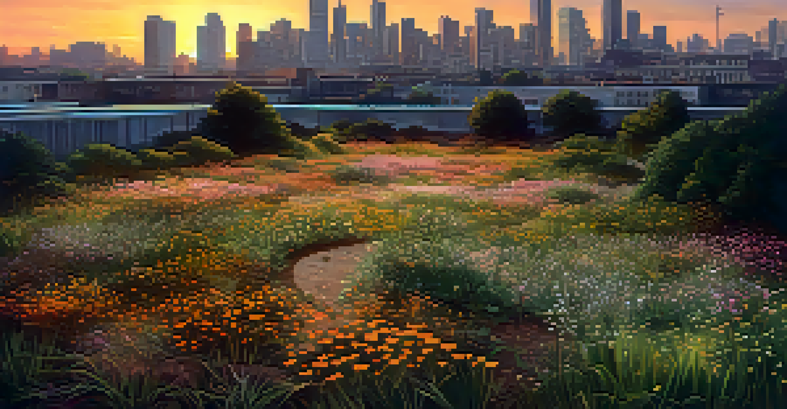 A cityscape showing a neglected green park contrasted with high-rise buildings, highlighting the impact of urbanization on nature.
