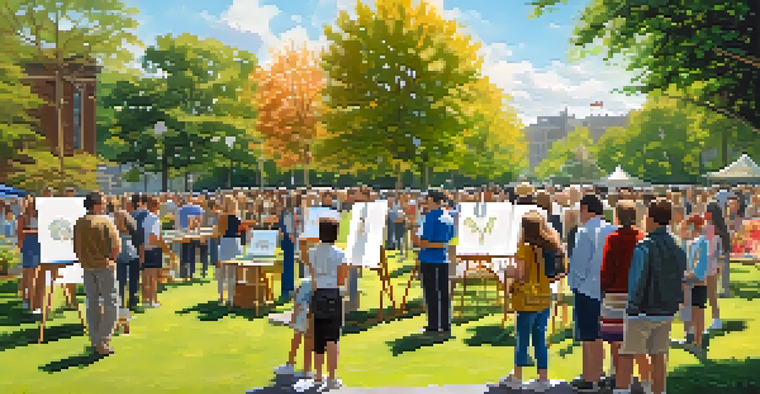 An outdoor art exhibition with students' artworks displayed on easels, attended by families and community members on a sunny day in a park.