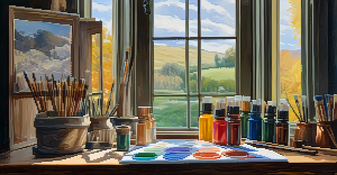 An artist's workspace with vibrant tempera paints on a wooden palette, illuminated by soft natural light, and a partially finished tempera landscape painting in the background.
