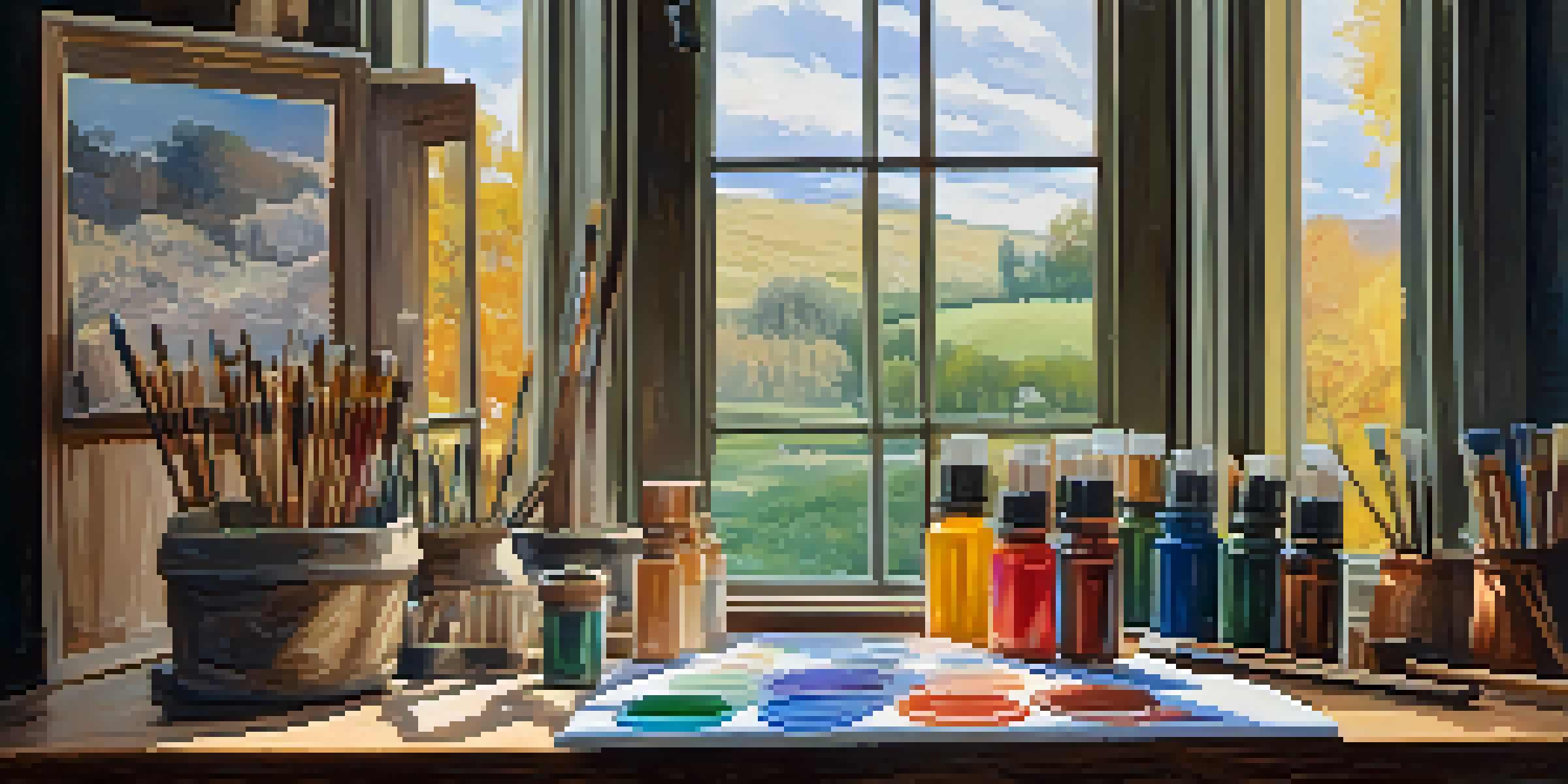 An artist's workspace with vibrant tempera paints on a wooden palette, illuminated by soft natural light, and a partially finished tempera landscape painting in the background.