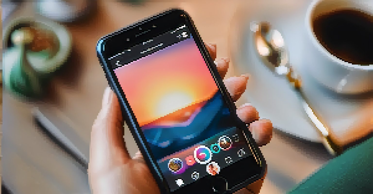 A close-up of a hand holding a smartphone showing an Instagram feed of artworks in a cozy café setting.