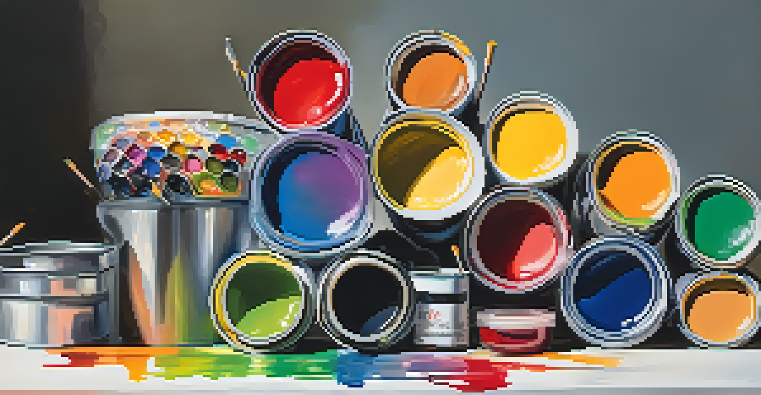 An organized table with tubes of acrylic paints and mixing supplies, ready for pouring.