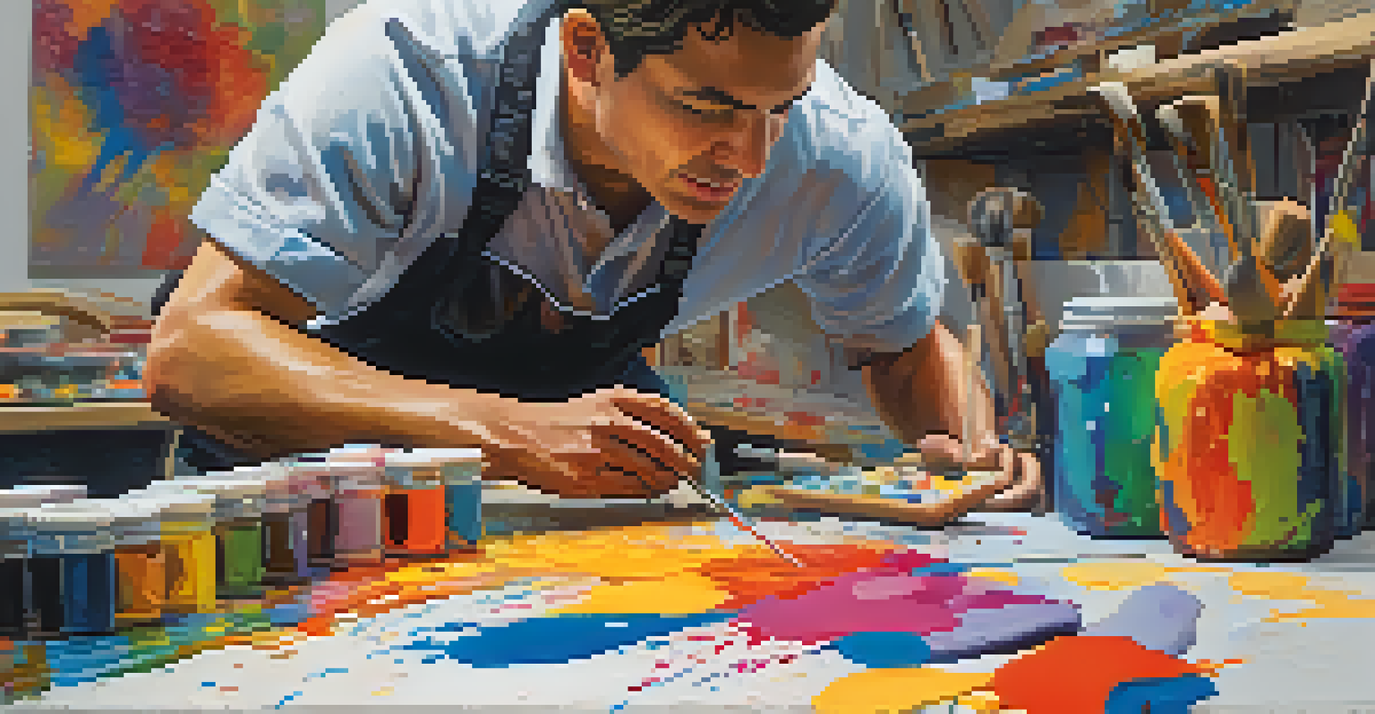 A painter adding color to a sculptural piece, showcasing the textures and tools used in the process.