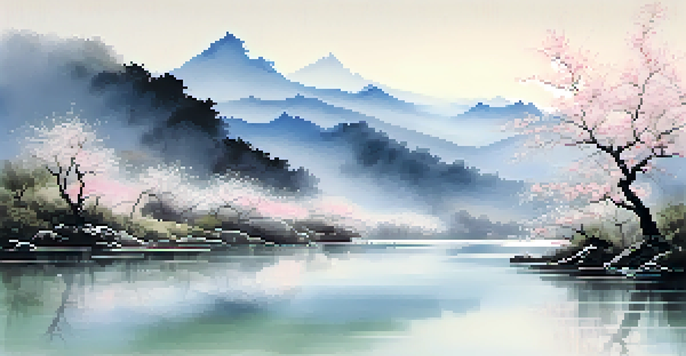 A tranquil landscape in ink wash style with misty mountains, a flowing river, and cherry blossom trees.