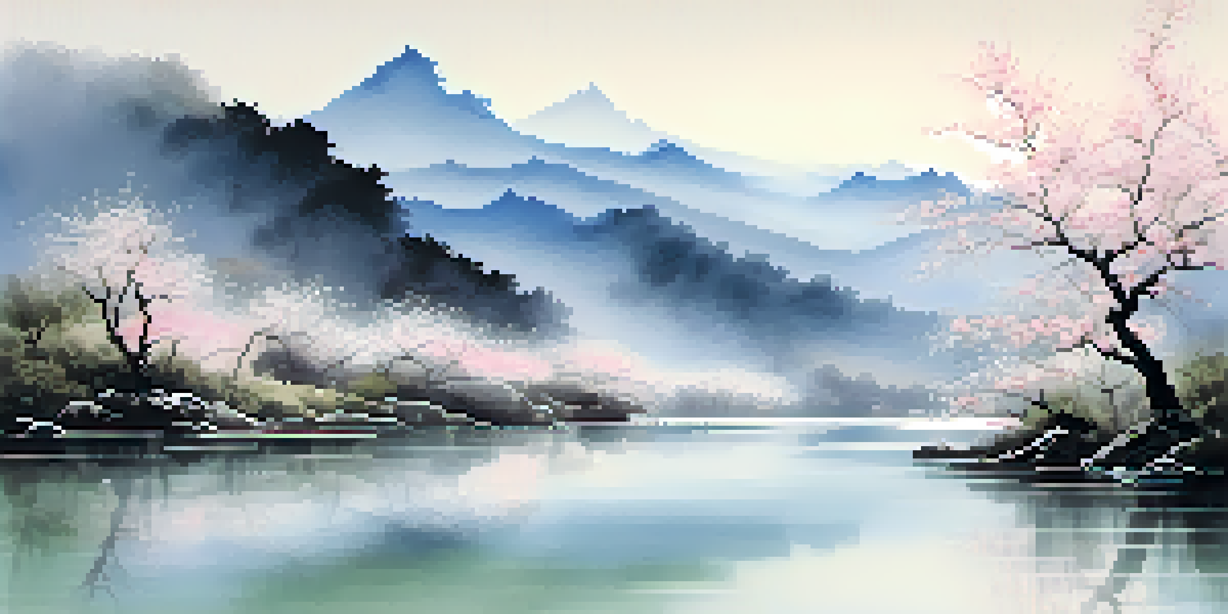 A tranquil landscape in ink wash style with misty mountains, a flowing river, and cherry blossom trees.