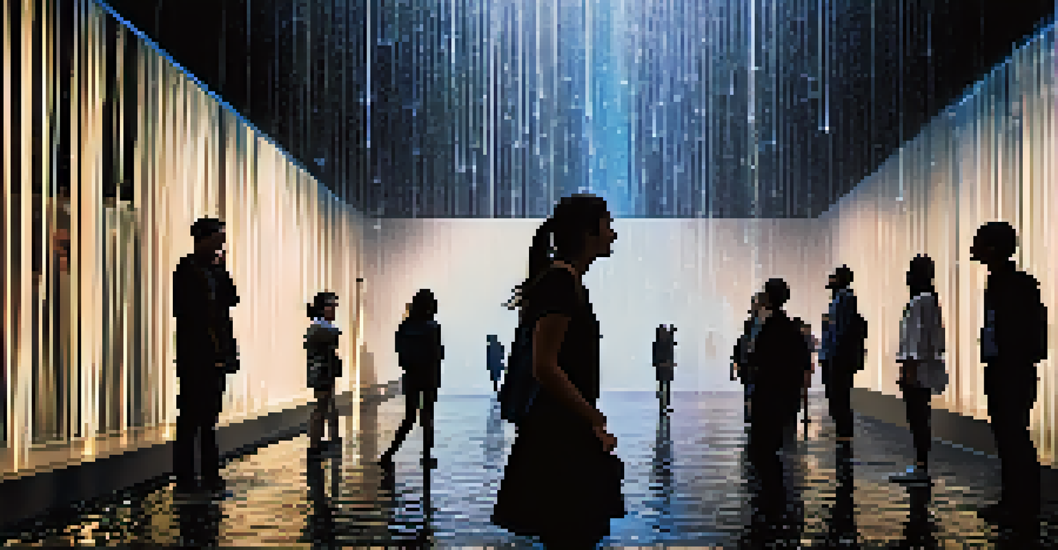 Visitors walking through a room where water falls but does not touch them, creating an enchanting experience.