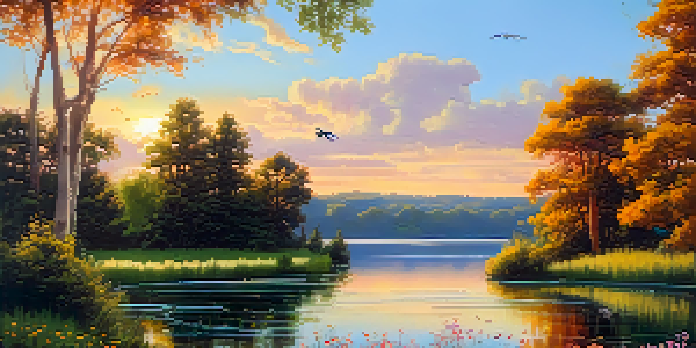 A peaceful sunset landscape with a lake, trees, and wildflowers, reflecting warm colors in the water.