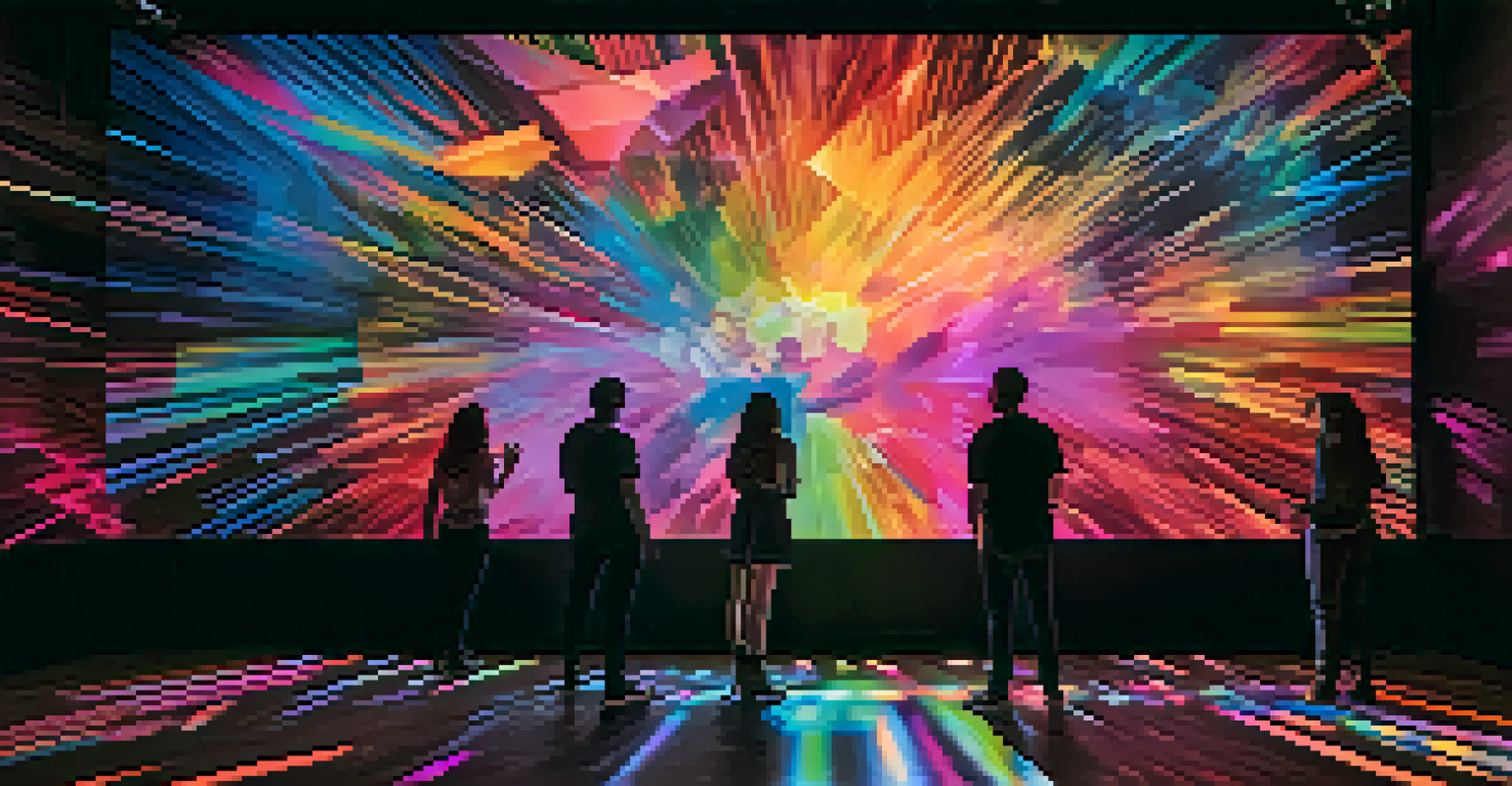 An immersive theater experience with digital projections and live performers interacting in a colorful environment.
