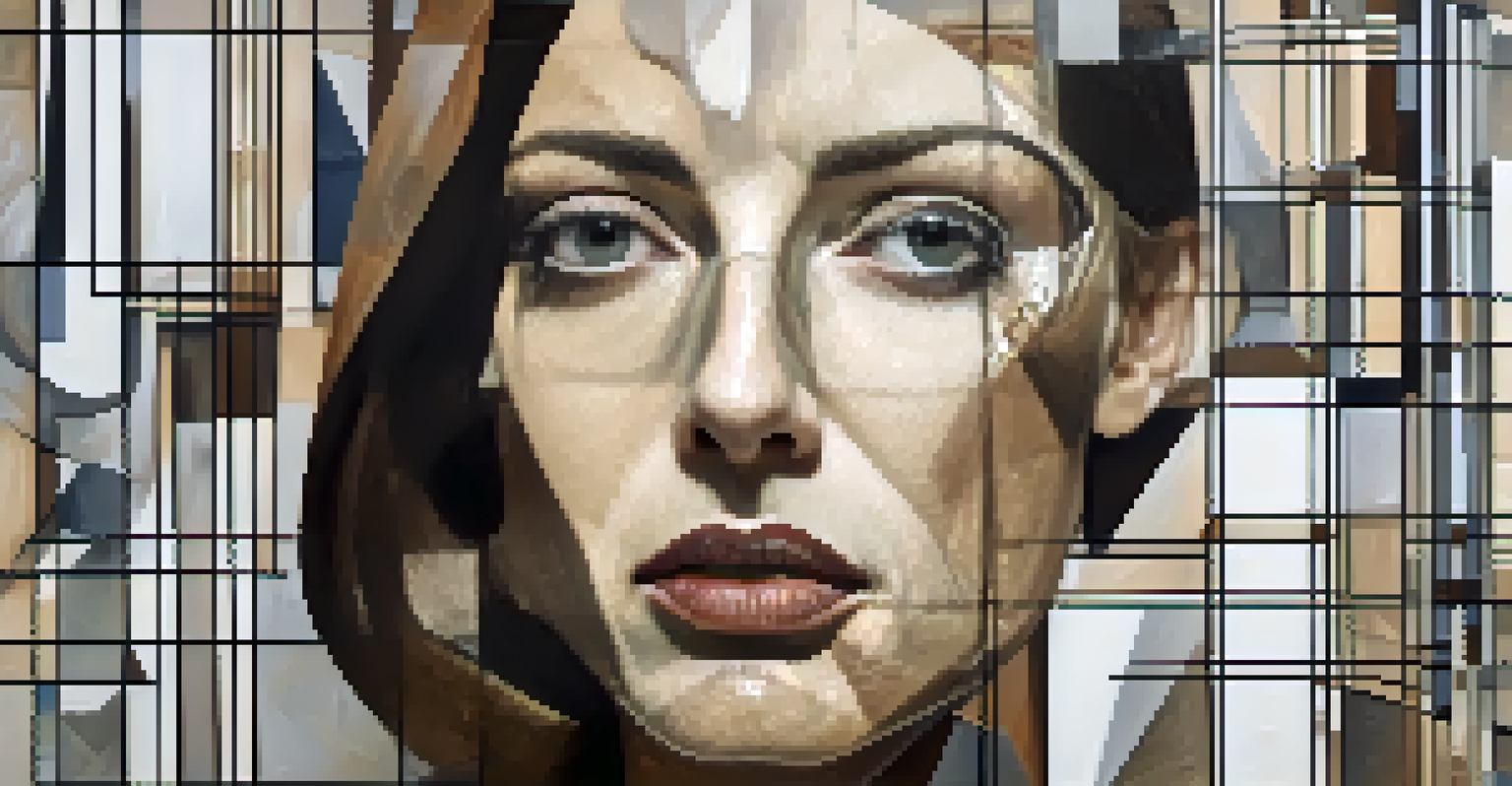 A fragmented portrait of a woman in muted tones, showcasing geometric shapes from different perspectives.
