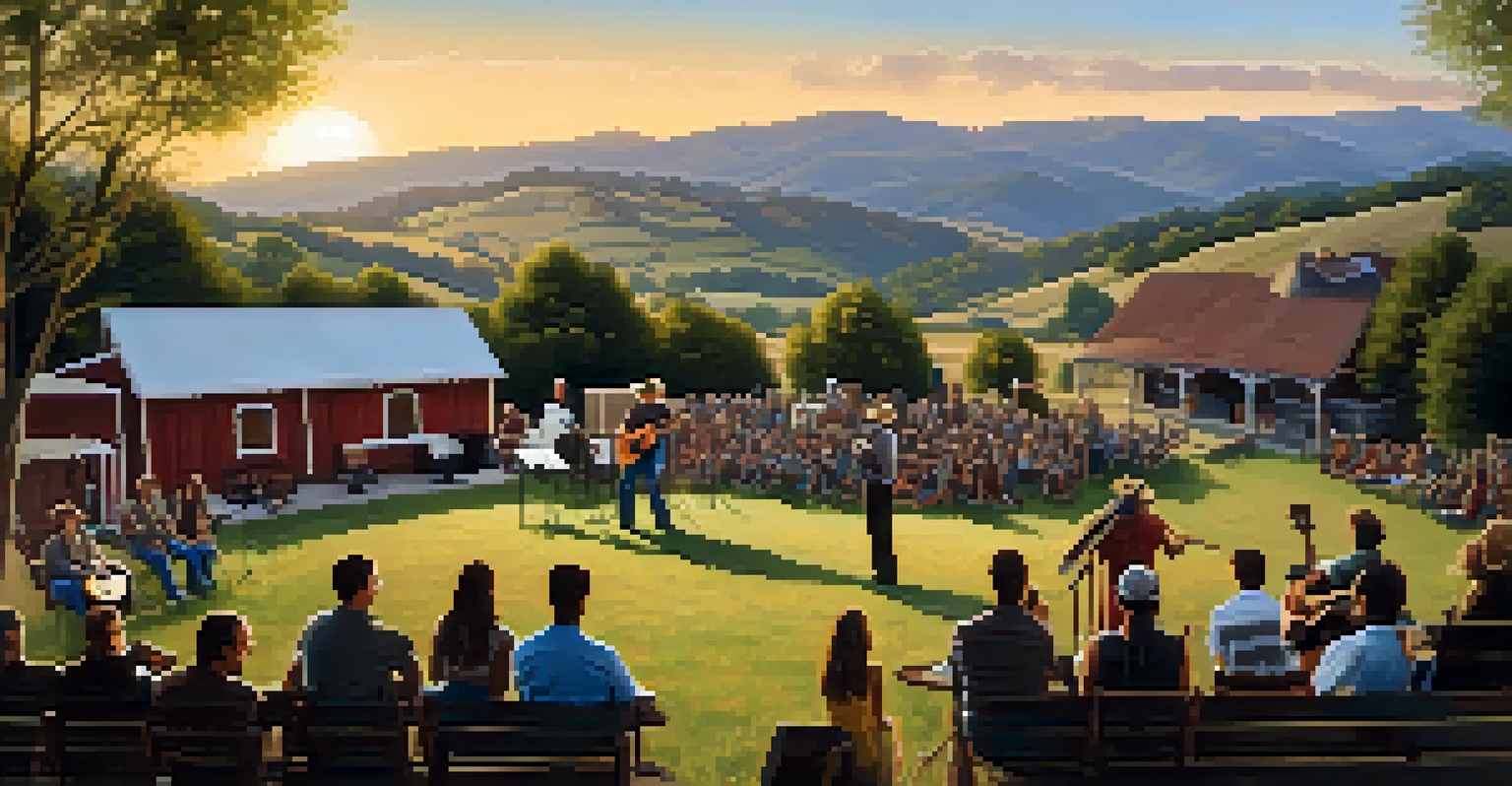 A small outdoor country music concert with musicians and an audience in a rural setting, surrounded by hills and a sunset, reflecting community and cultural heritage.