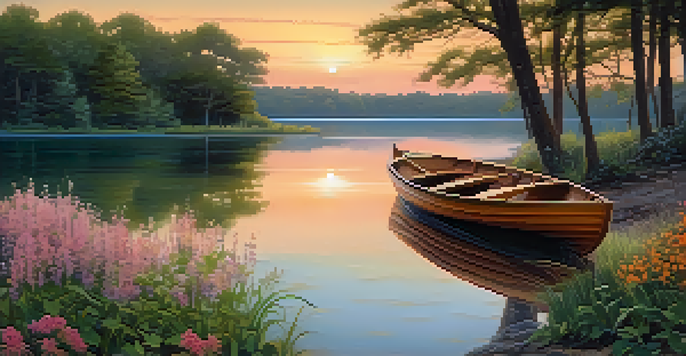 A tranquil lake during sunset, with golden light filtering through trees and a small boat on the water.