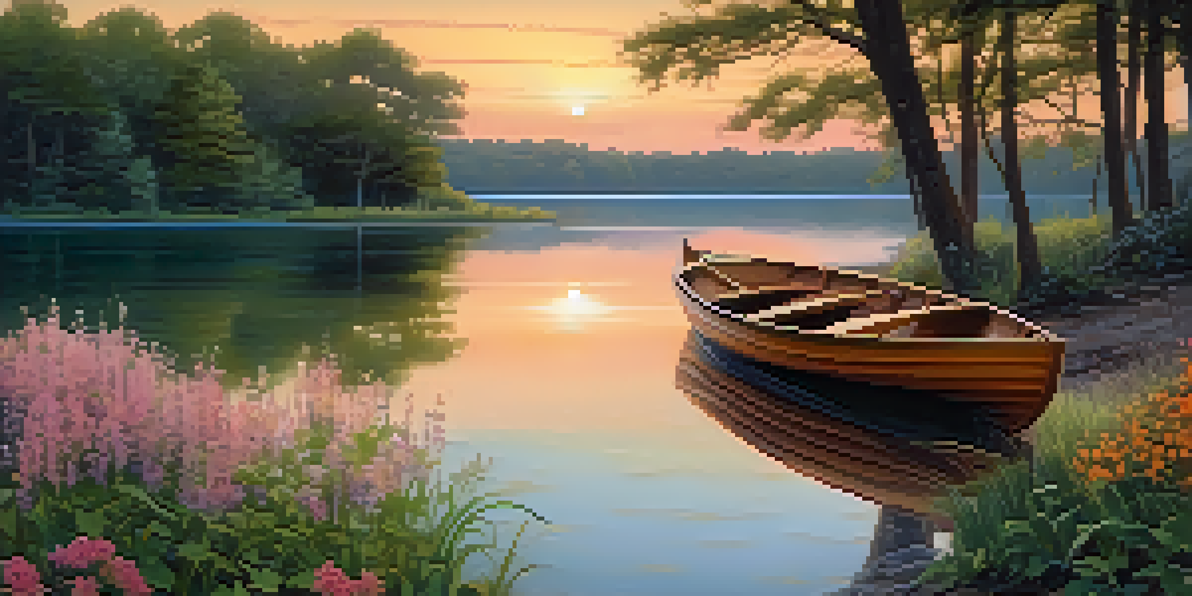 A tranquil lake during sunset, with golden light filtering through trees and a small boat on the water.