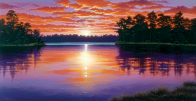 A beautiful sunset over a calm lake with colorful reflections and silhouetted trees.
