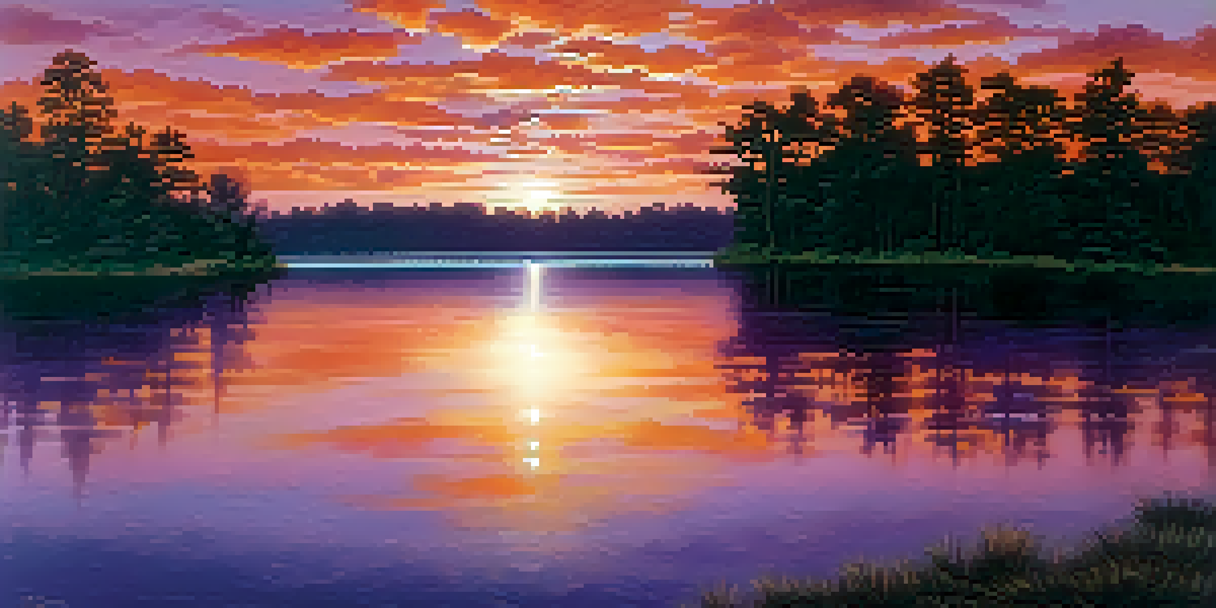 A beautiful sunset over a calm lake with colorful reflections and silhouetted trees.