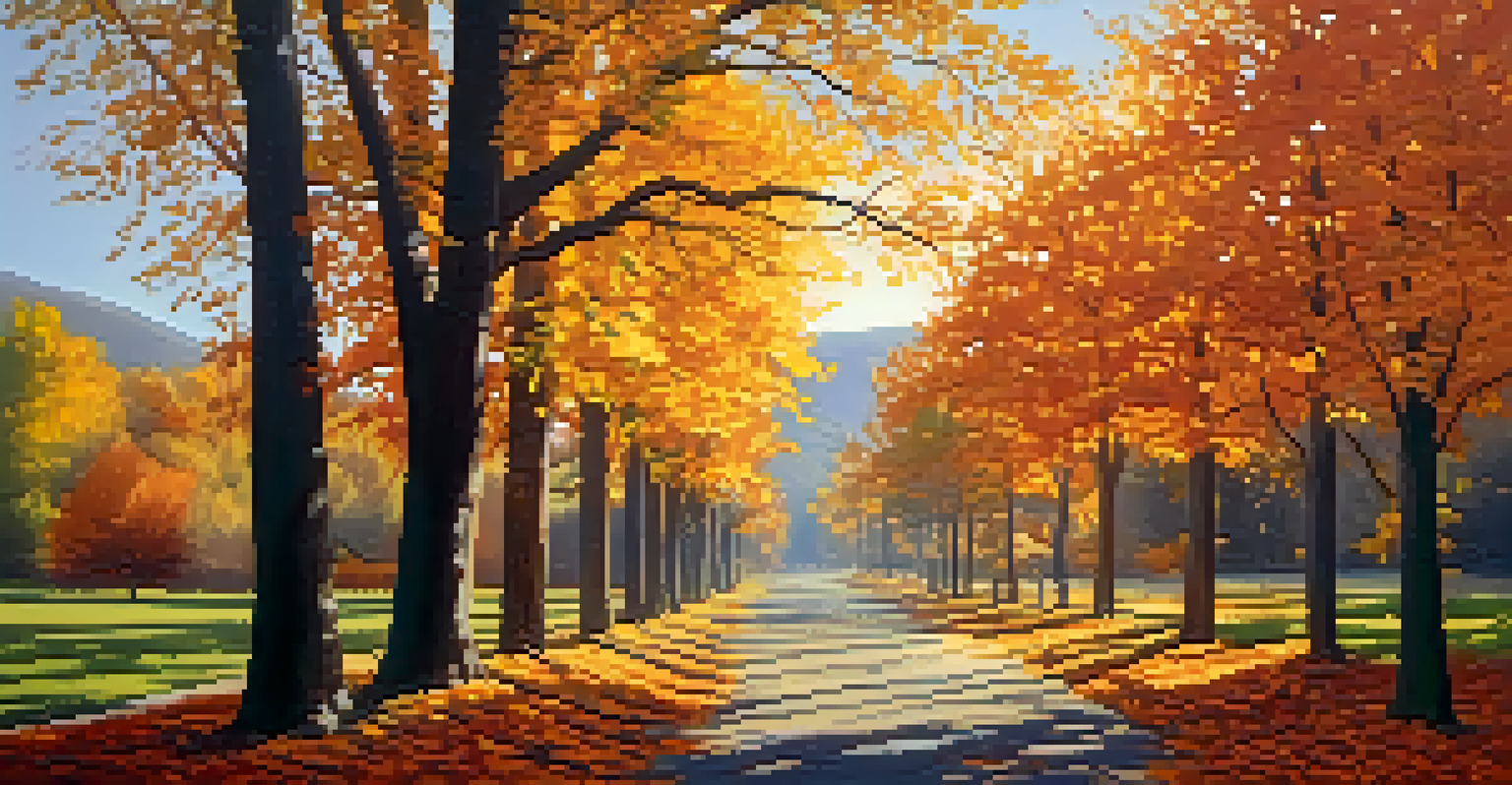 A picturesque autumn pathway with colorful leaves and sunlight filtering through the trees, creating a warm atmosphere.